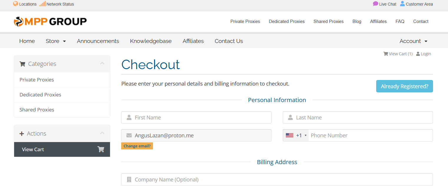 screenshot of MyPrivateProxy Checkout