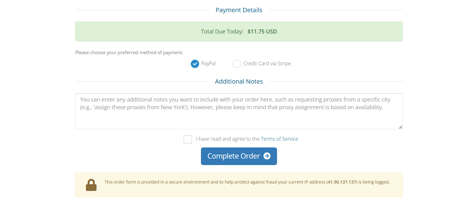 screenshot of MyPrivateProxy Payment details