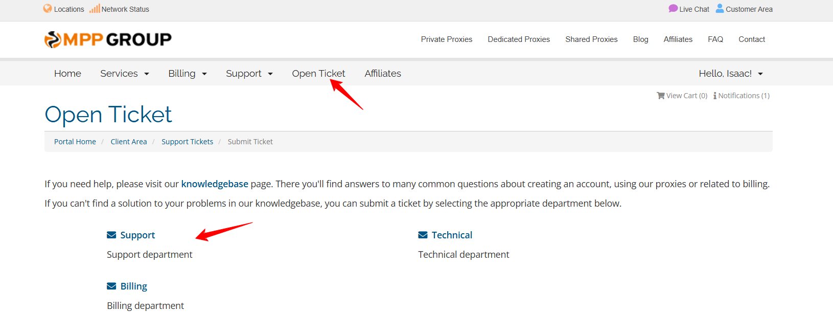 screenshot of MyPrivateProxy Ticket support page