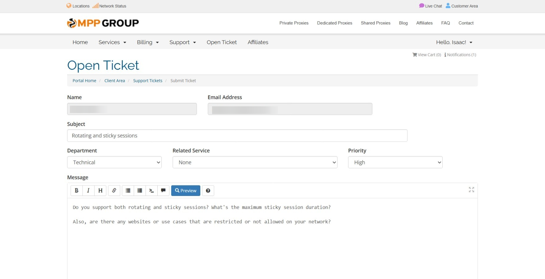 screenshot of MyPrivateProxy Ticket support form