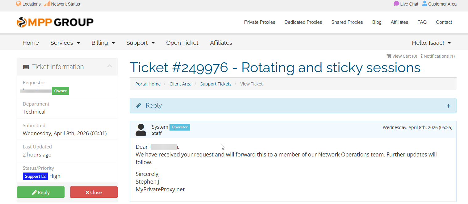 screenshot of MyPrivateProxy Ticket support conversation