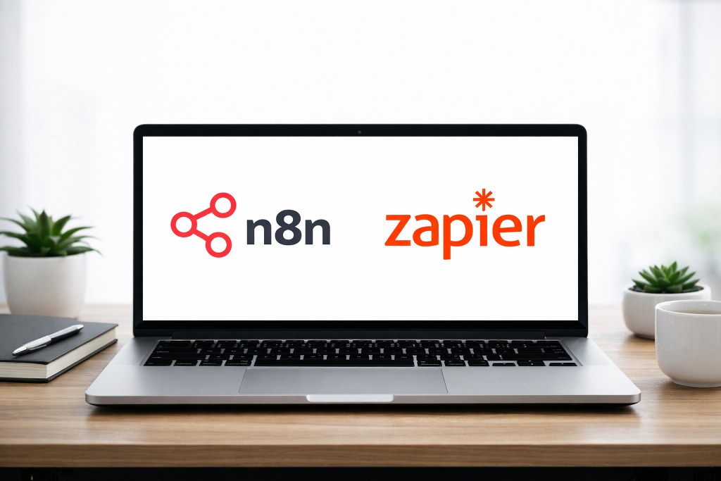 n8n and Zapier logos on a laptop screen.