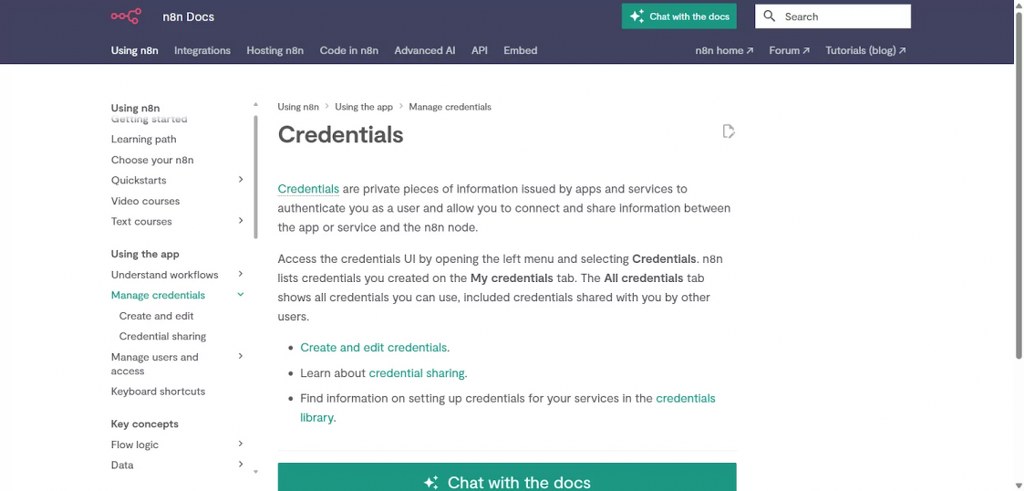 n8n documentation page explaining credentials and how to manage them