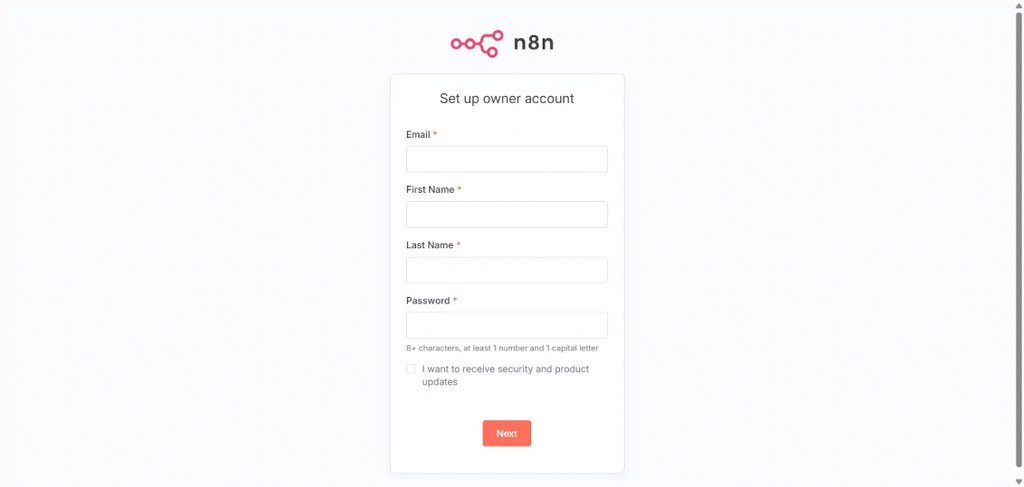 n8n setup screen for creating owner account with email and password fields