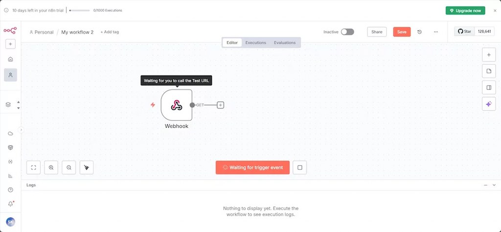 n8n workflow editor with webhook trigger waiting for incoming request