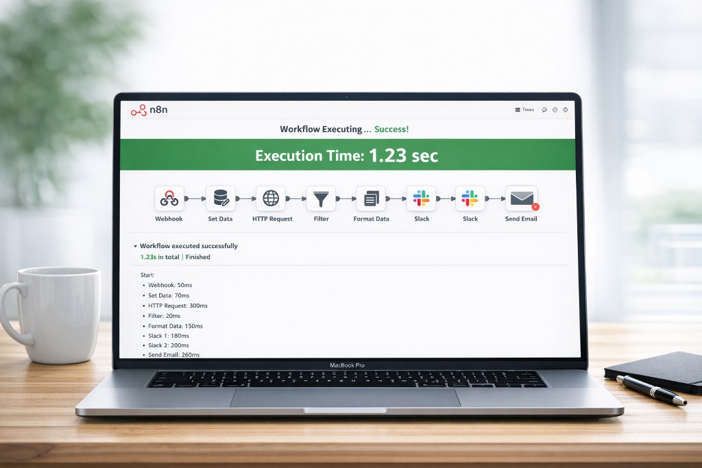 n8n workflow executing fast on laptop, success achieved instantly.