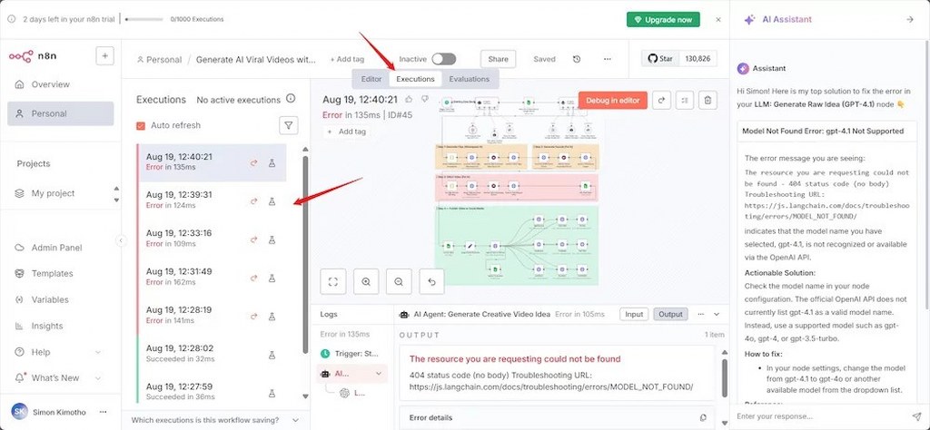 n8n workflow execution errors and logs