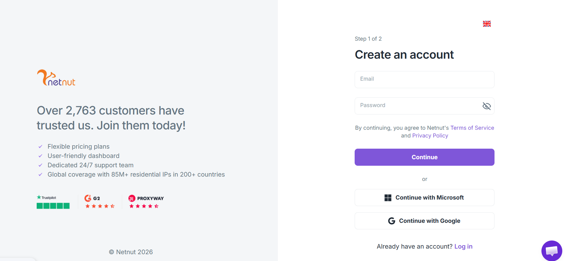 screenshot of Netnut sign up form
