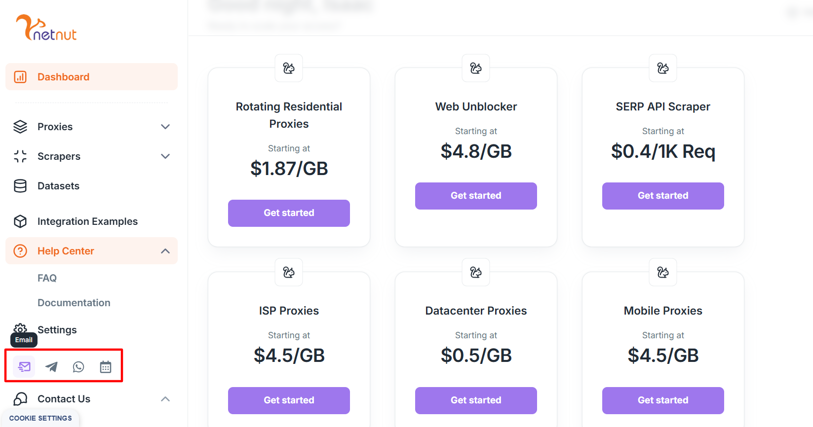 screenshot of NetNut help options