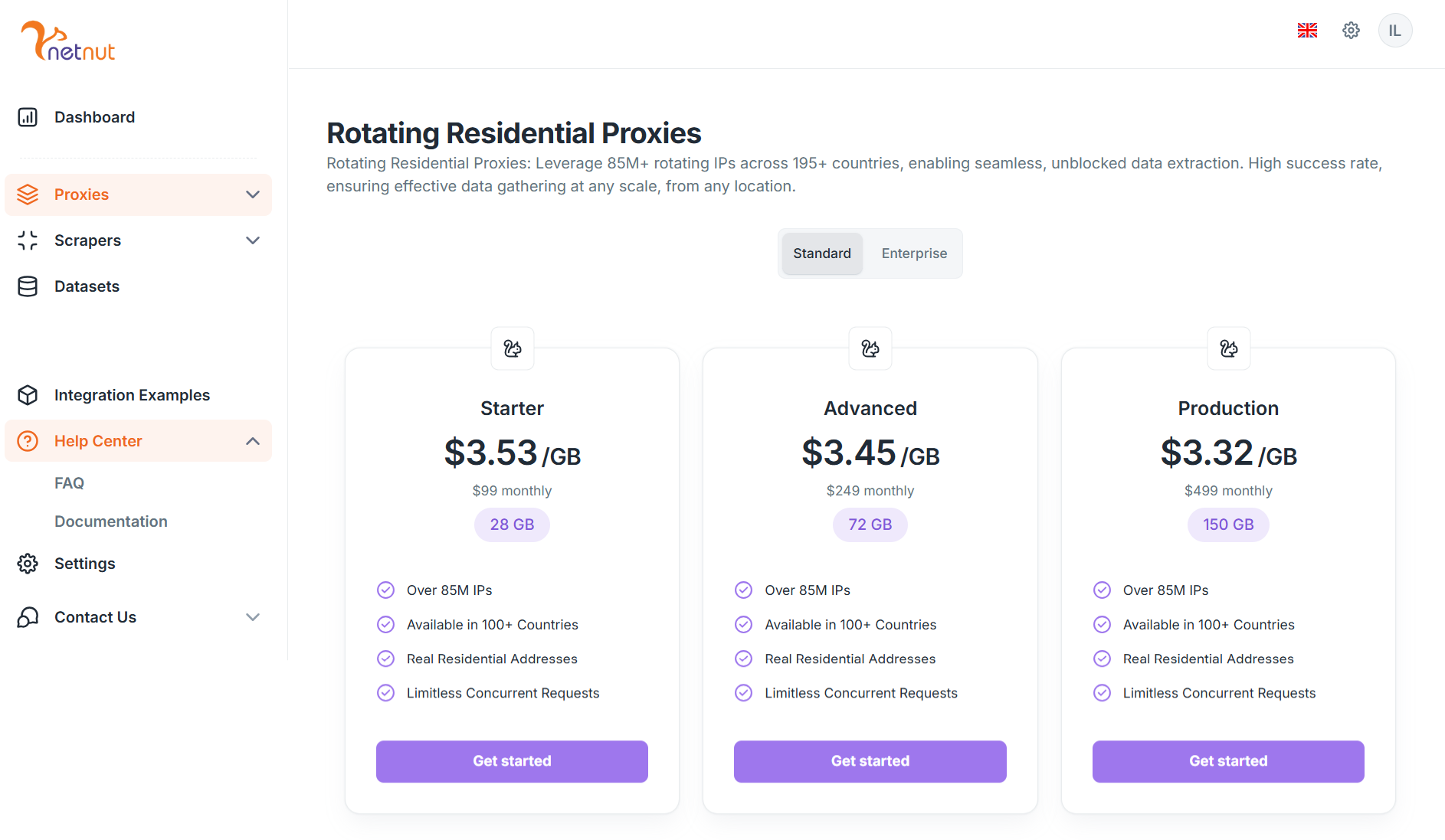 screenshot of Rotating Residential Proxies page