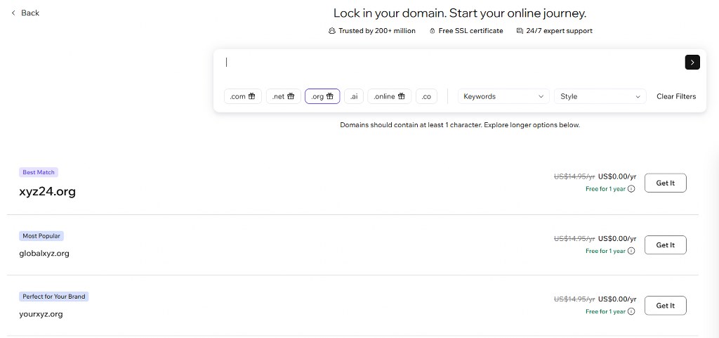 .org domains pricing on Wix.