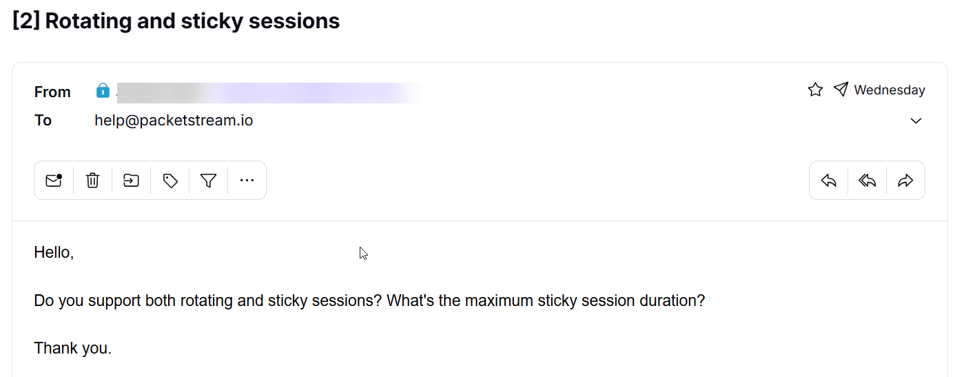 screenshot of the email support