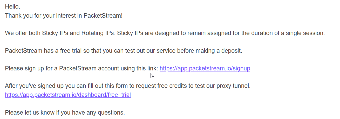 screenshot of the email support