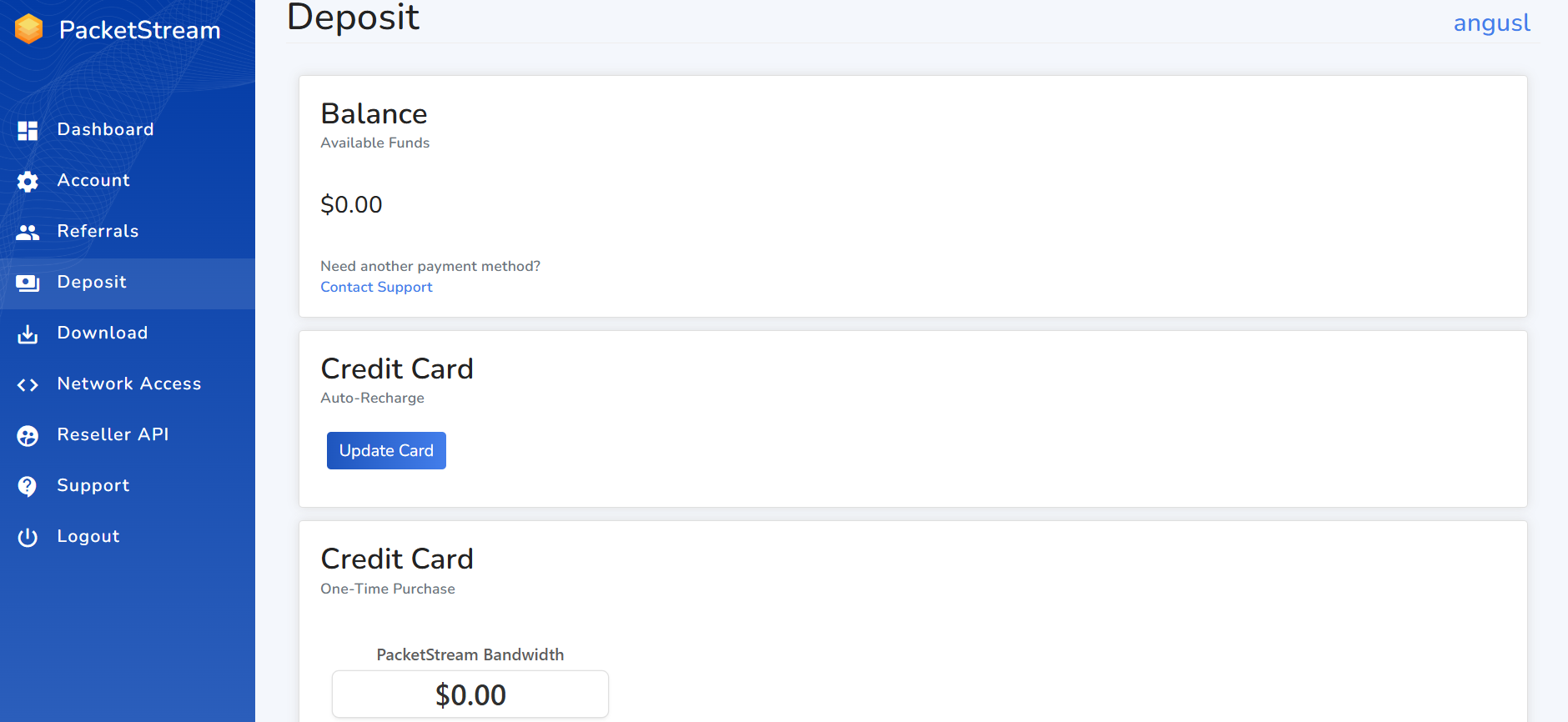 screenshot of Deposit tab