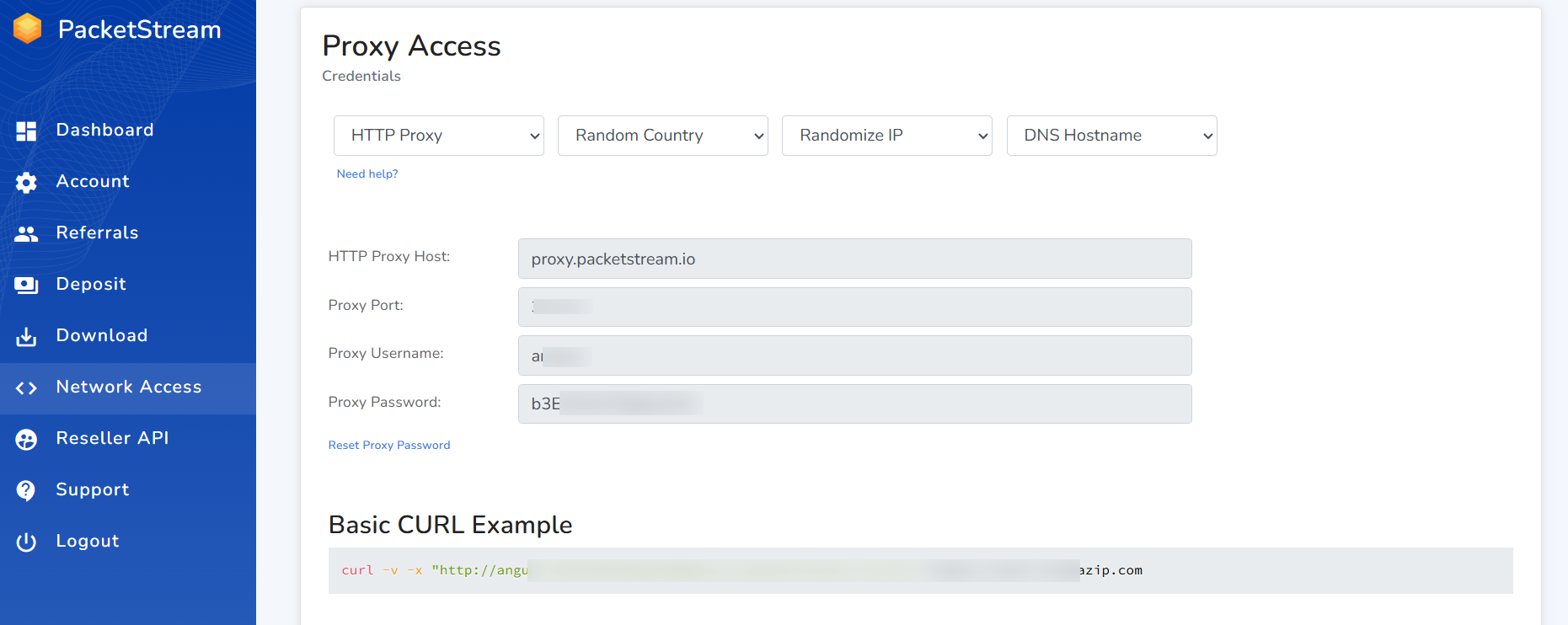 screenshot of Proxy Access menu