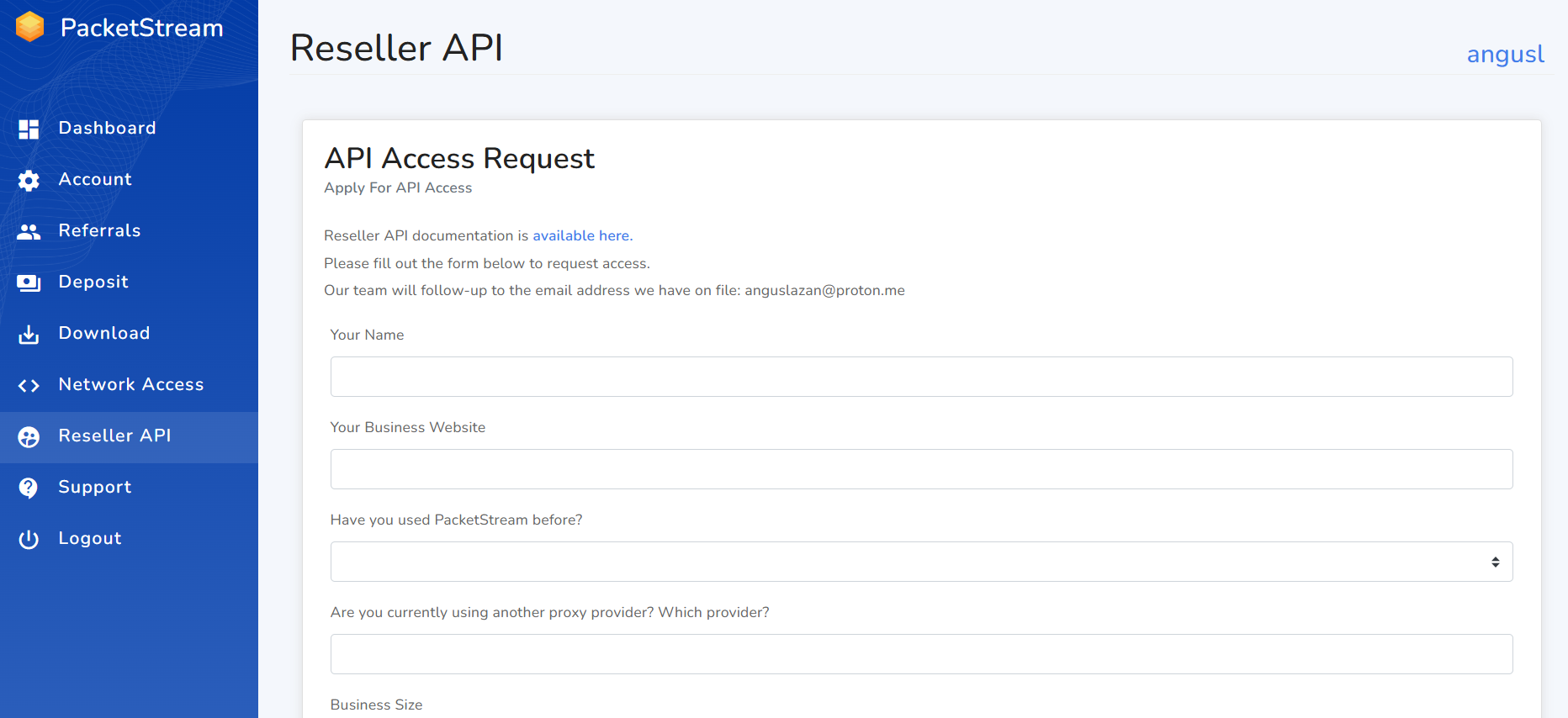 screenshot of Reseller API menu
