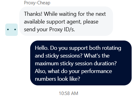 screenshot of Proxy-Cheap Live chat conversation