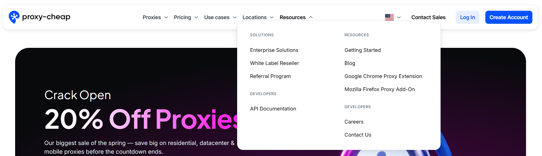 screenshot of Proxy-Cheap Resources and Solutions drop down menu