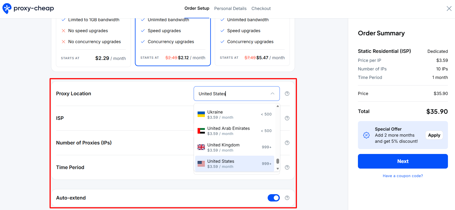 screenshot of Proxy-Cheap Service customization