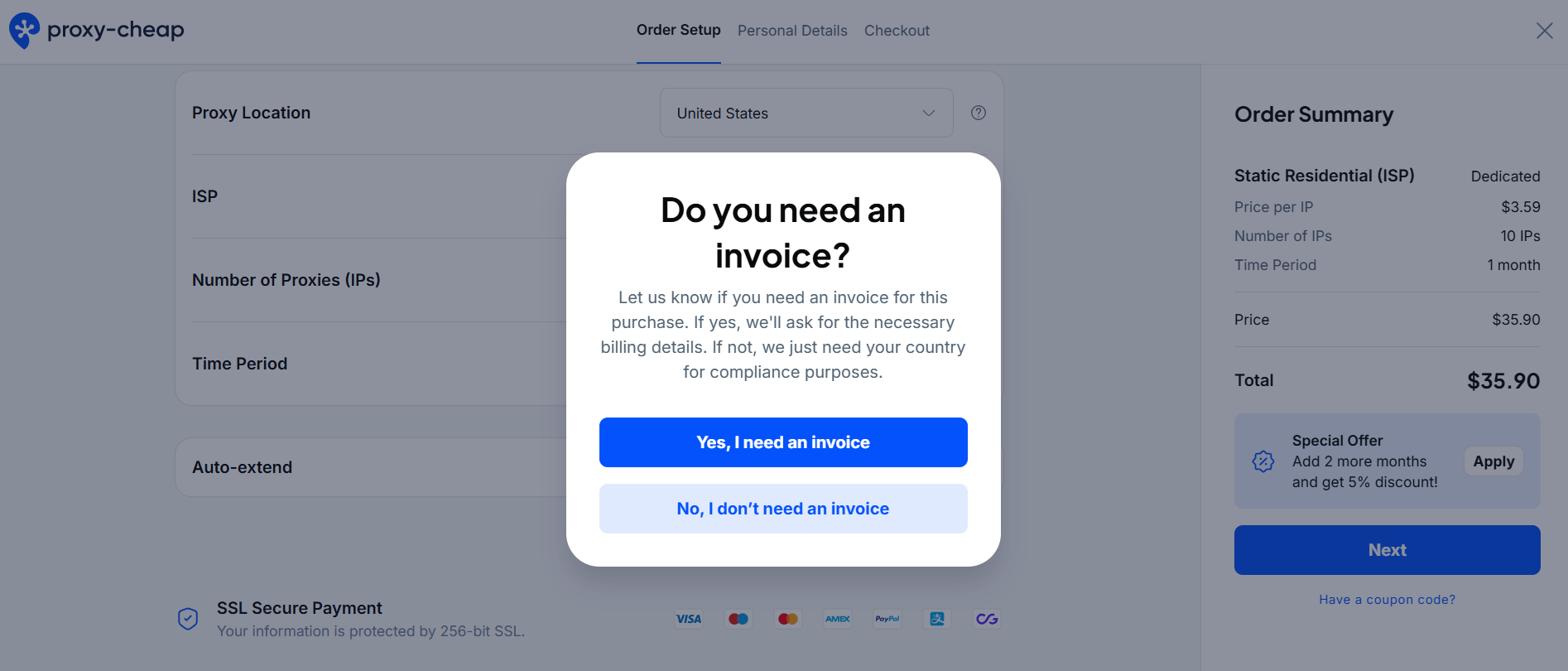 screenshot of Proxy-Cheap Invoice pop-up