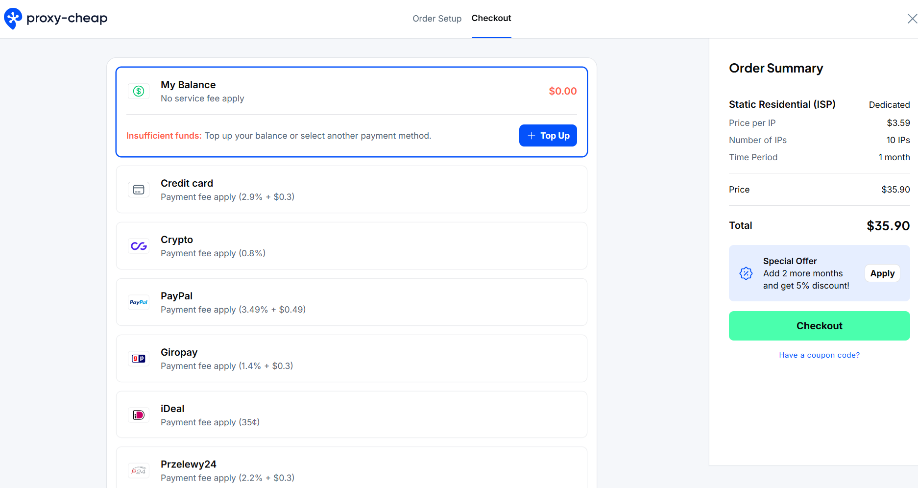 screenshot of Proxy-Cheap Order Summary