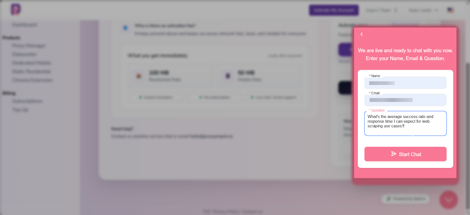 screenshot of ProxyEmpire Live chat
