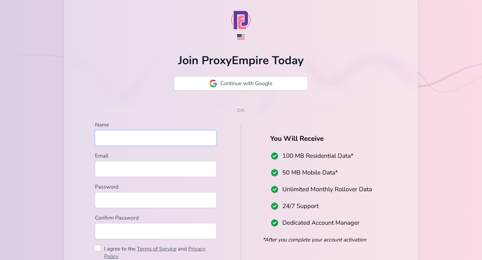 screenshot of ProxyEmpire Sign Up