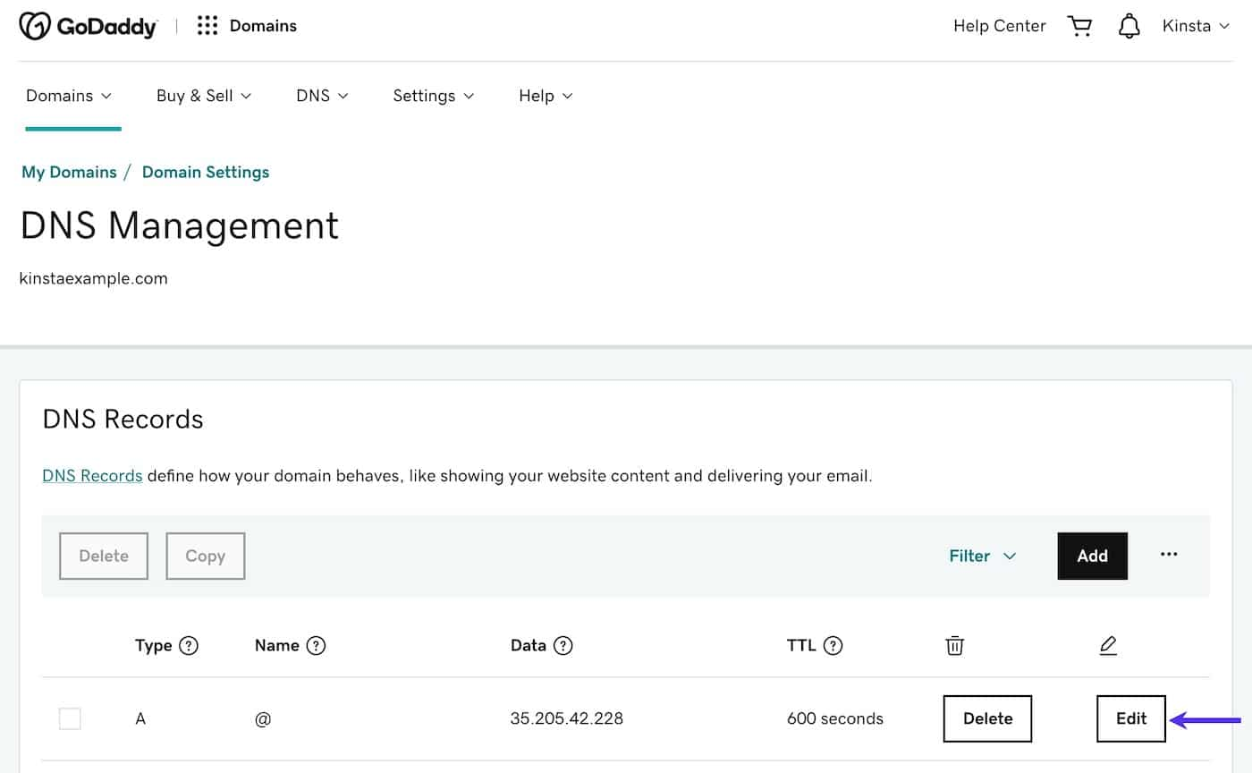 GoDaddy DNS editor screenshot