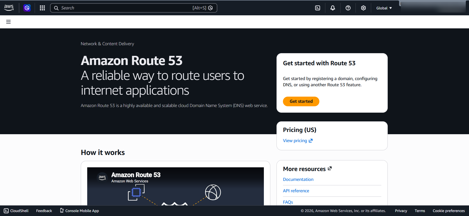 Amazon Route 53 AWS management console screenshot