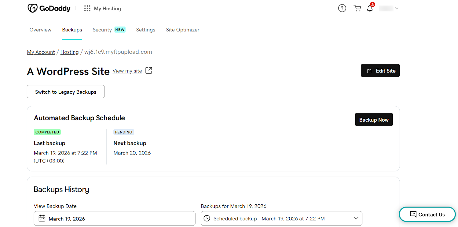 GoDaddy backup and restore screenshot
