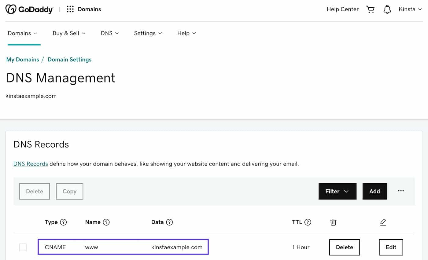 GoDaddy DNS management interface screenshot
