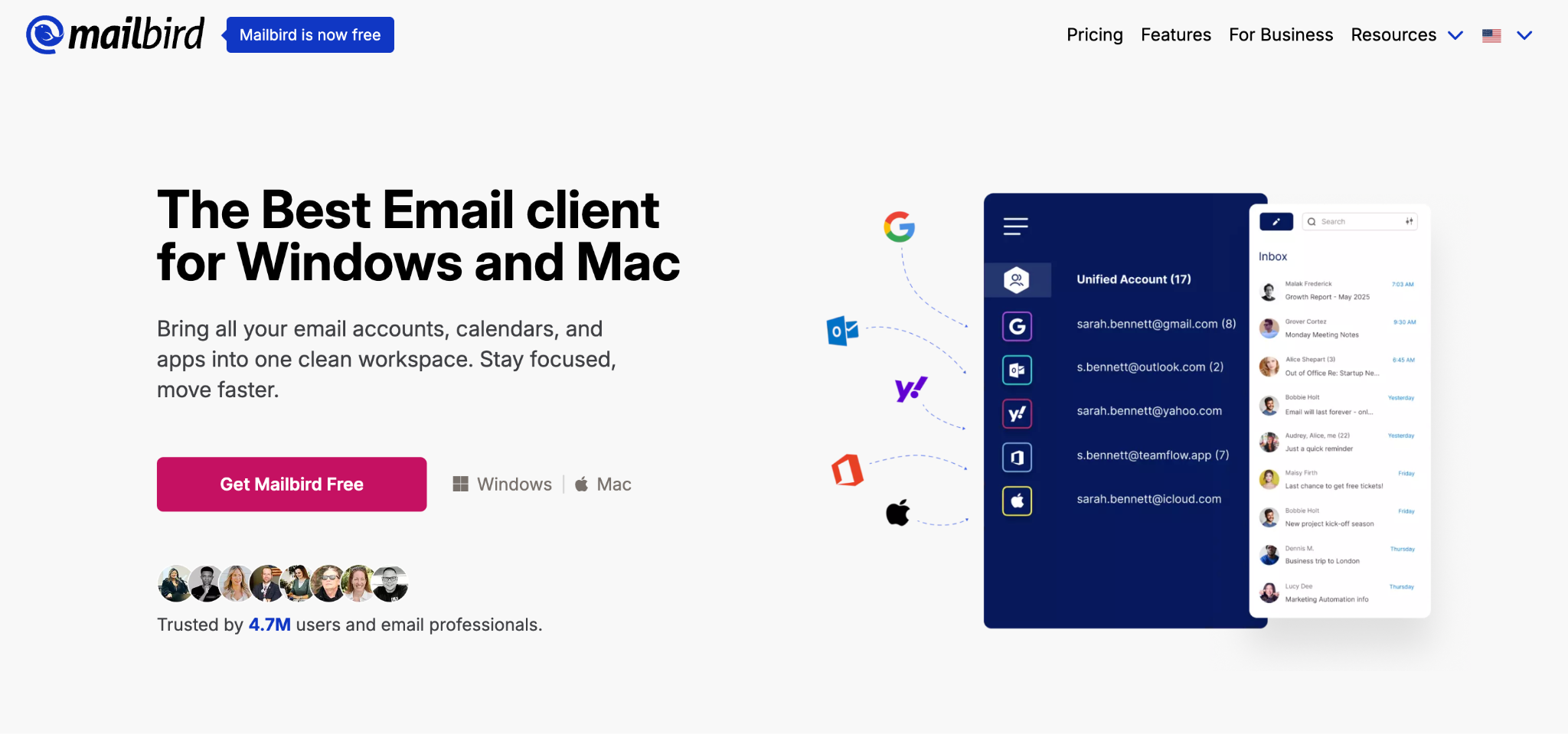 screenshot of MailBird homepage