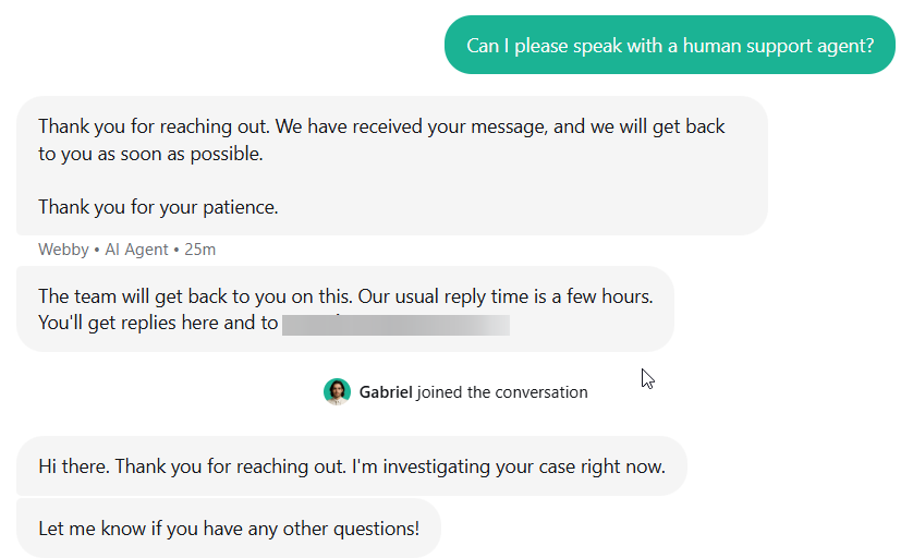 screenshot of Live chat conversation