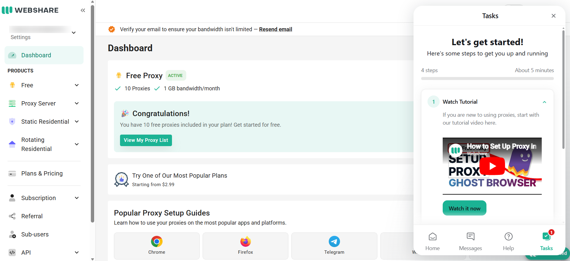 screenshot of Webshare dashboard