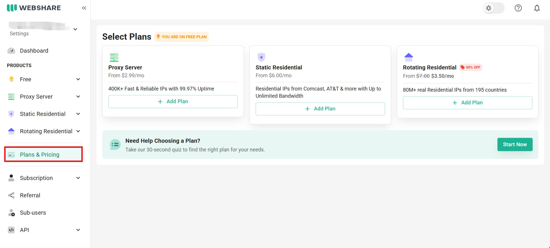 screenshot of Plans & Pricing tab