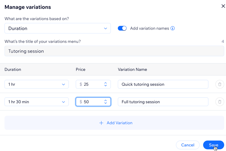 Параметры ценообразования Wix Bookings по длительности записи