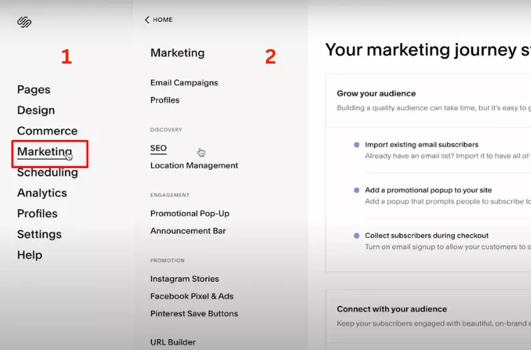 Squarespace marketing tools including email campaigns popups and store promotions