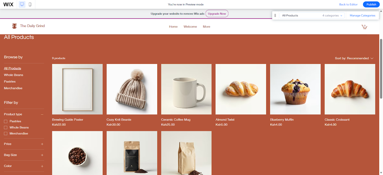 Wix AI generated storefront design for an ecommerce brand