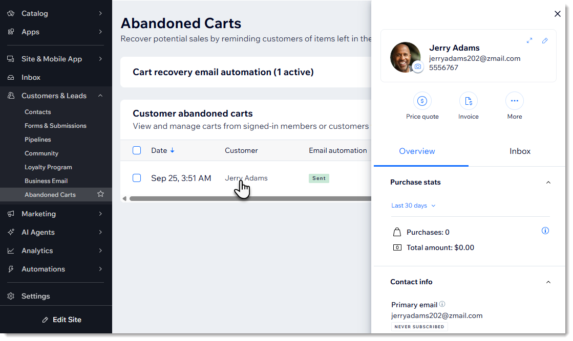 Wix abandoned cart recovery and subscriptions settings in store dashboard