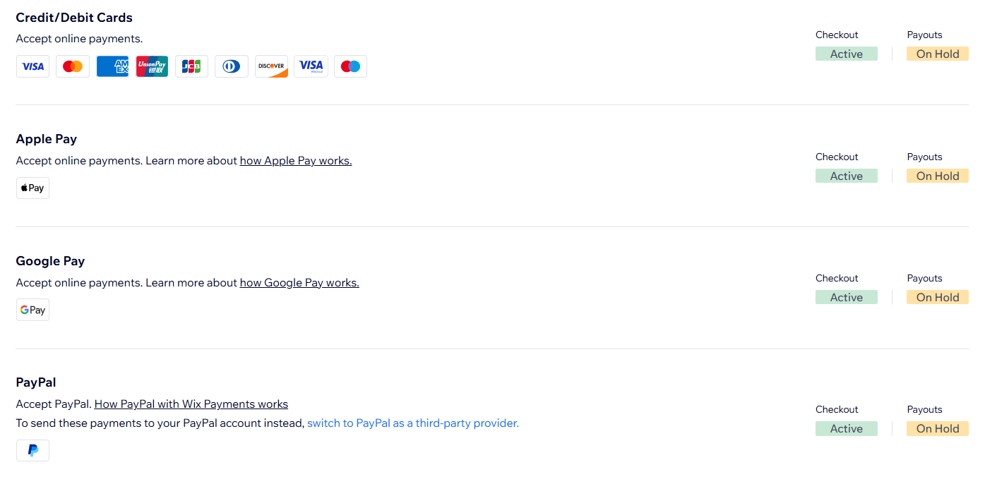 Wix payment methods and gateway options inside store settings