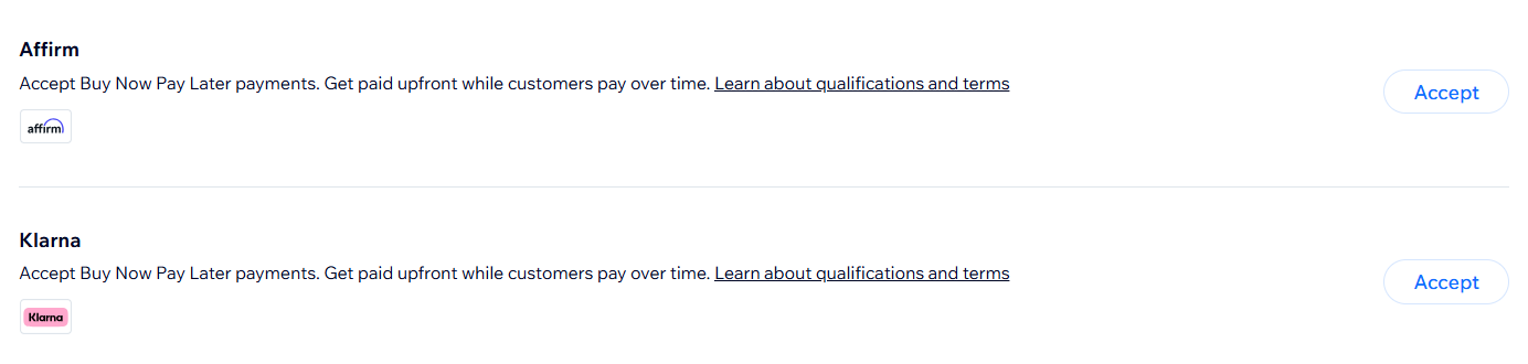 Wix buy now pay later options including Afterpay Affirm and Klarna