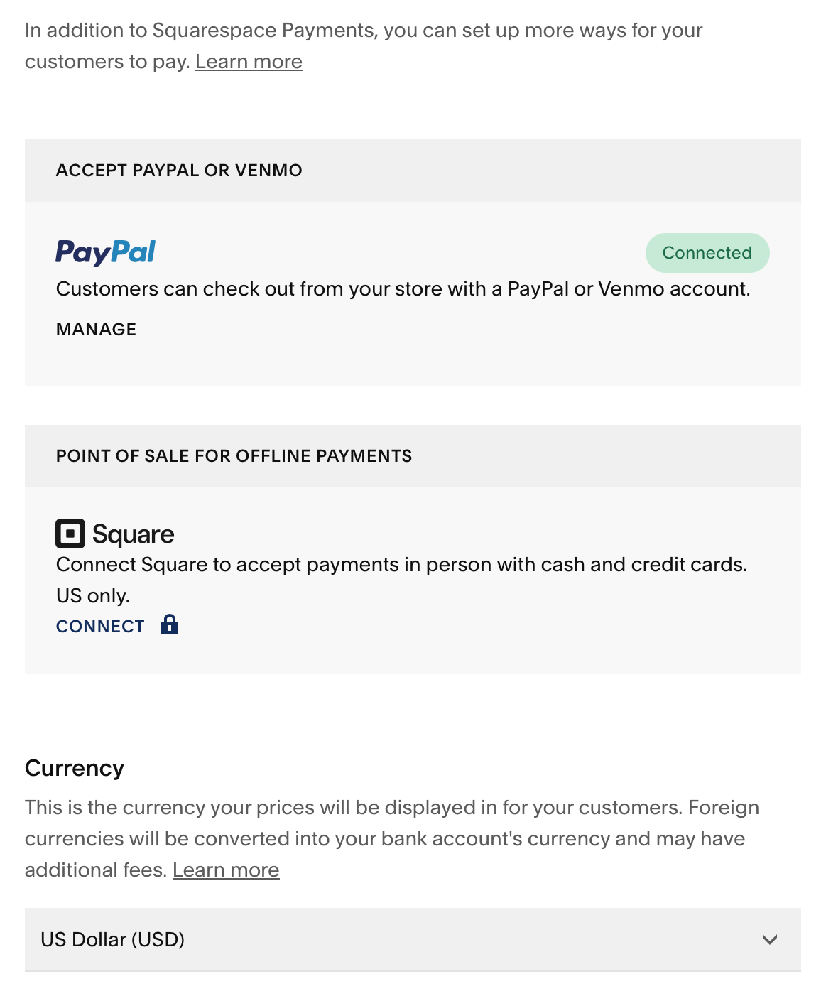 Squarespace payment settings with Stripe PayPal Square and Apple Pay options