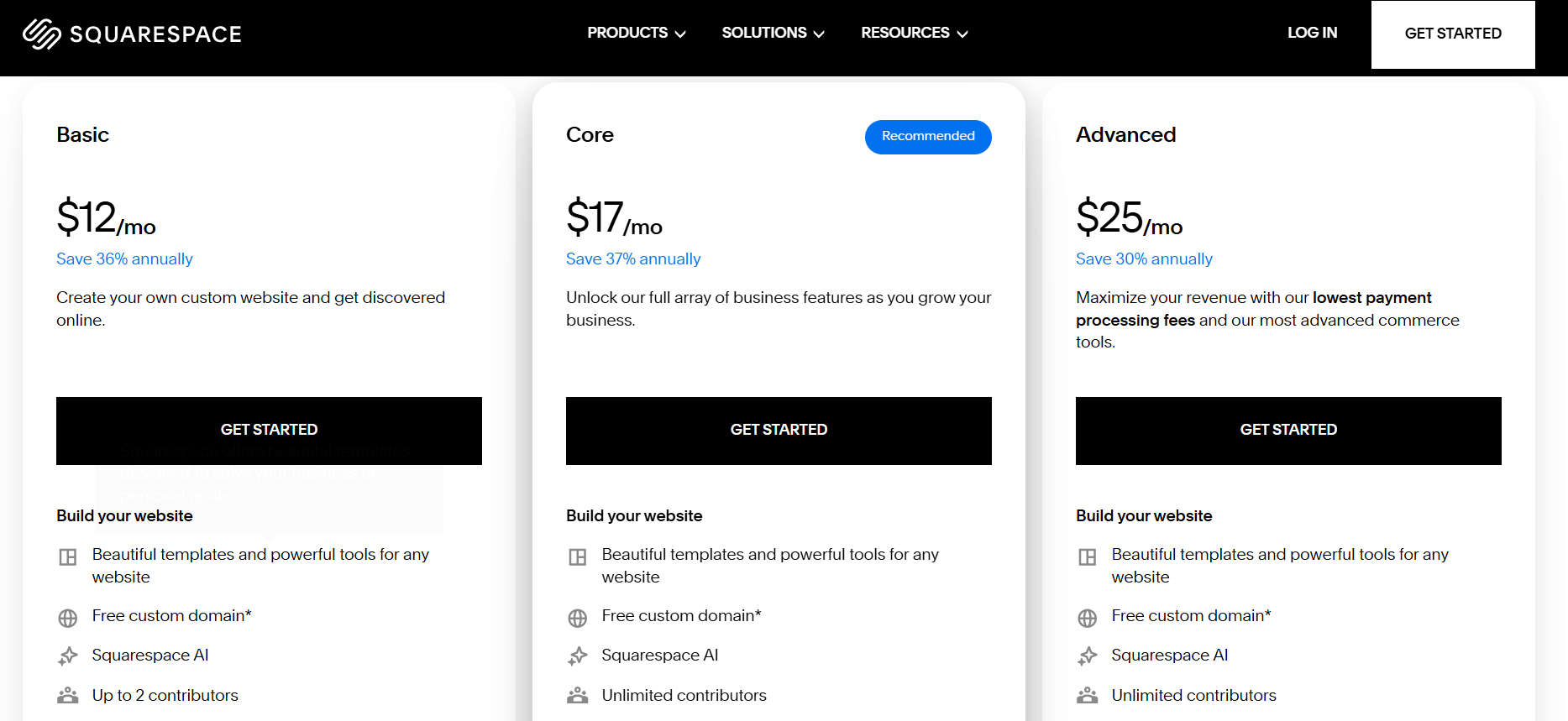 Squarespace pricing plans comparison chart for Basic, Core, and Advanced