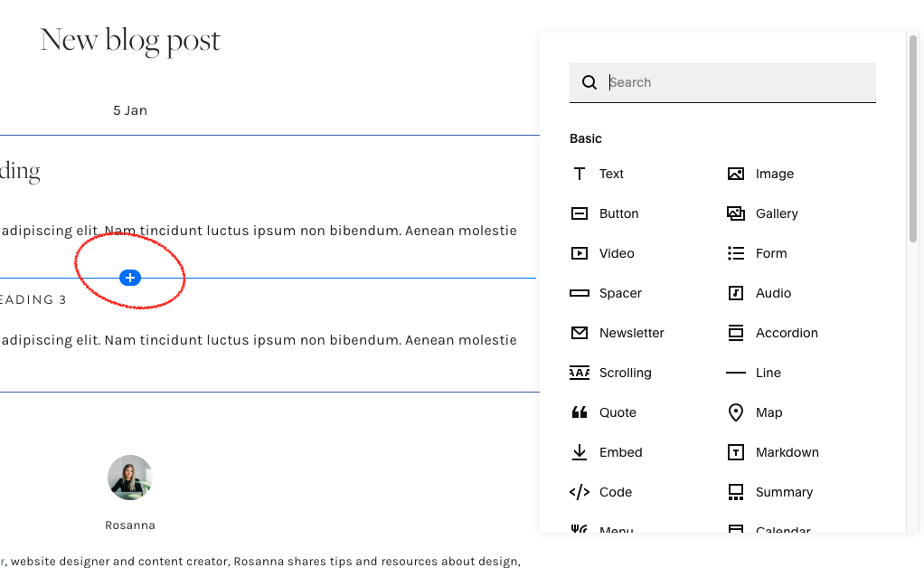 Squarespace blog editor interface with manual SEO settings