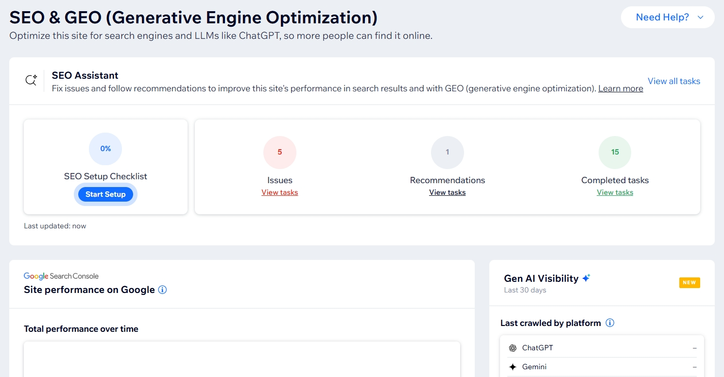 Wix SEO tools dashboard with Semrush integration, AI Visibility, and Bot Log reports