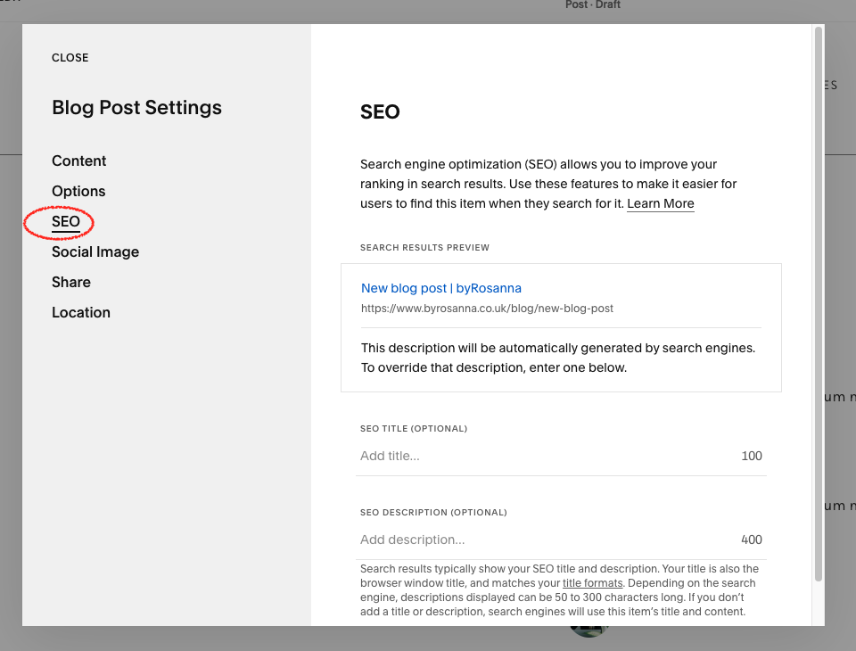 Squarespace SEO settings and third-party dependency for advanced SEO tools