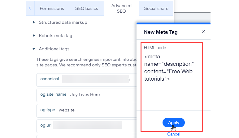 Wix structured data and schema markup settings with custom JSON-LD support