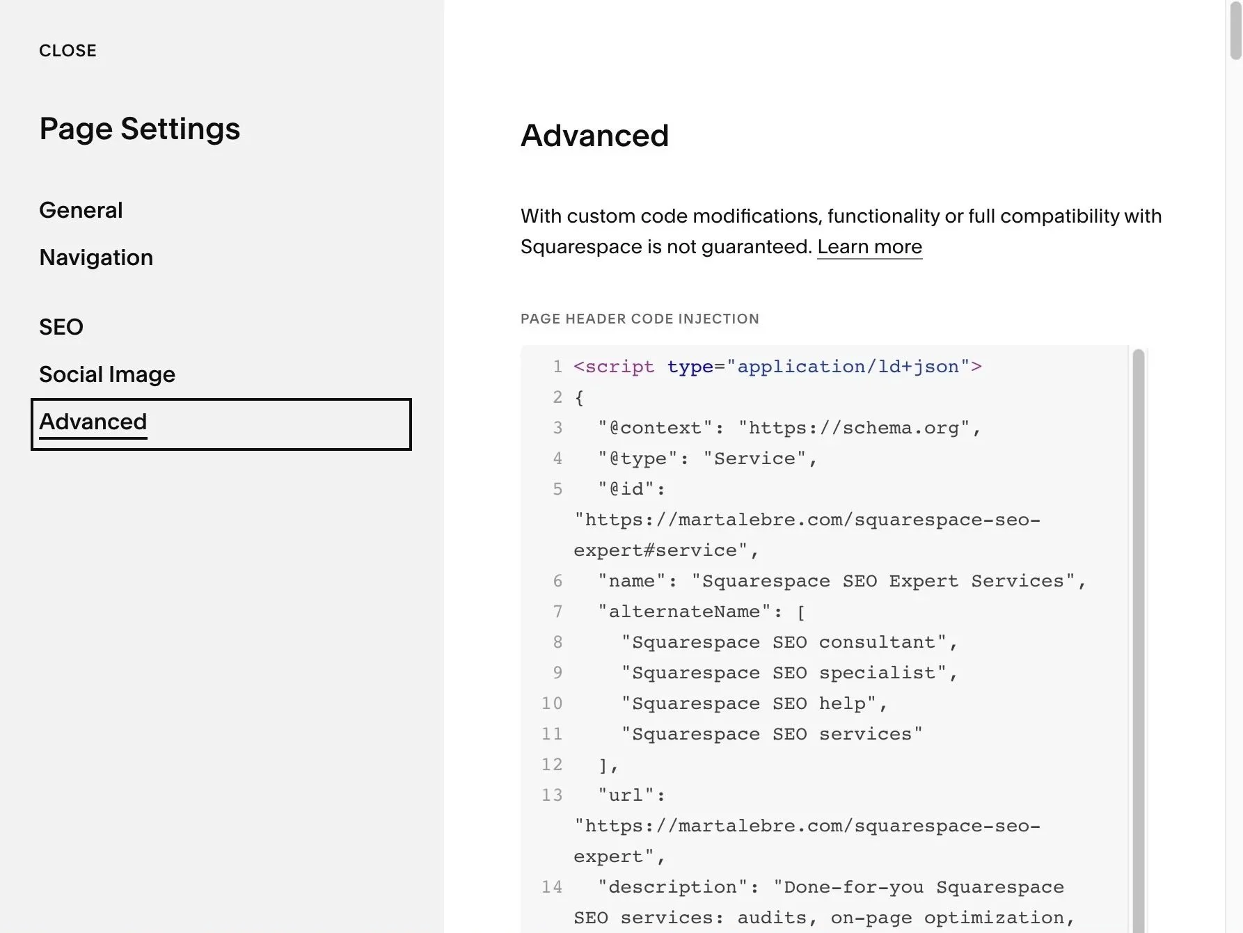 Squarespace default schema markup and custom code injection for JSON-LD