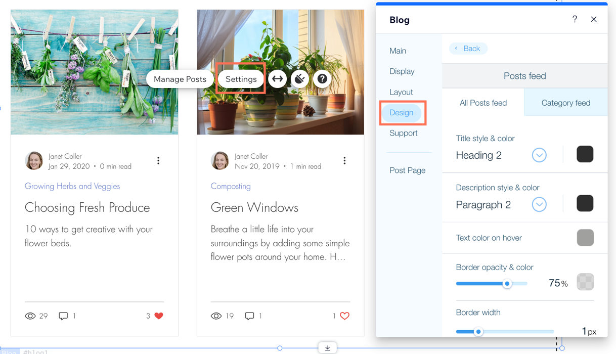 Wix blog editor with SEO settings, AI suggestions, and SEO scoring