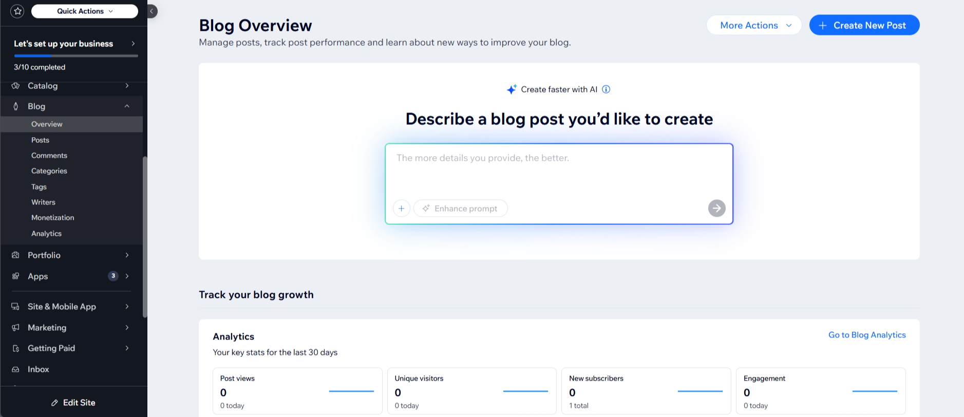 Wix dashboard showing the blog app and access to the first post editor